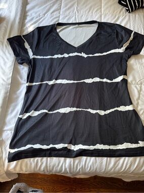 Black V-Neck Short Sleeve Tee with White Stripe Detail
